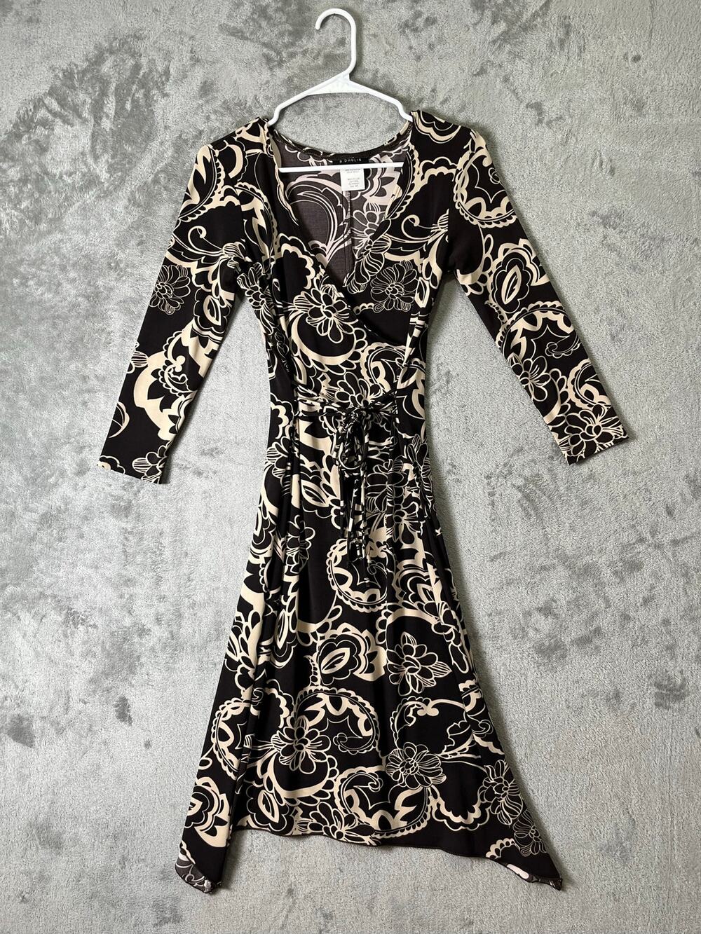 Vintage Black Cream Floral Paisley Wrap Midi Dress Romantic Boho 3/4 Sleeve XS